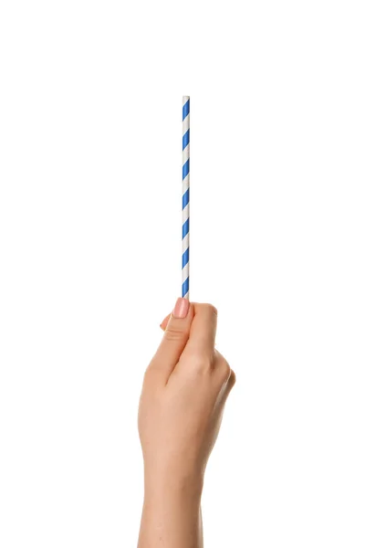 Female Hand Stylish Straw Drinks White Background — Stock Photo, Image