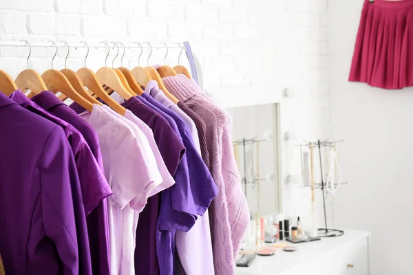 Rack Clothes Purple Shades Dressing Room Closeup — Stock Photo, Image