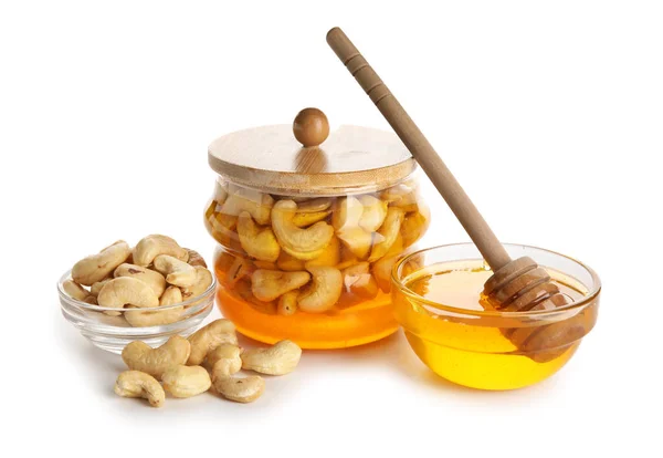 Jar Tasty Cashew Nuts Honey White Background — Stock Photo, Image