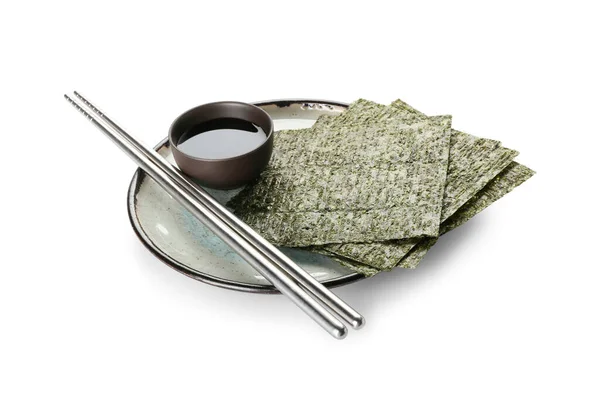 Plate Tasty Seaweed Sheets Chopsticks Soy Sauce White Background — Stock Photo, Image