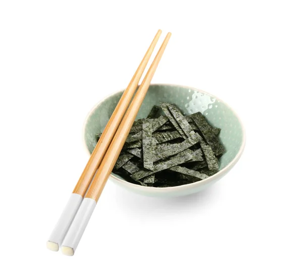 Bowl Chopped Seaweed Sheets Chopsticks White Background — Stock Photo, Image