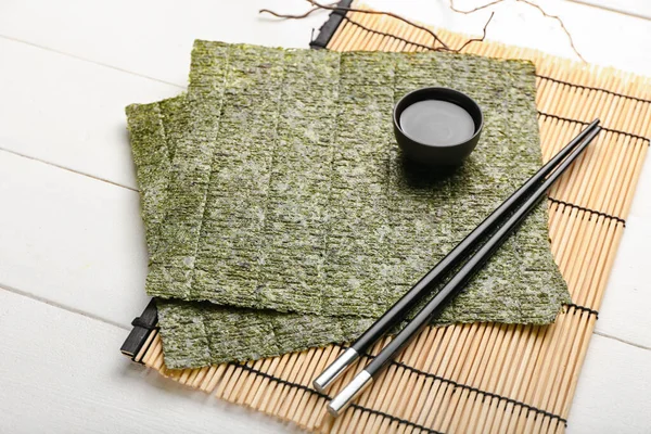 Bamboo Mat Tasty Seaweed Sheets Chopsticks Bowl Soy Sauce Light — Stock Photo, Image