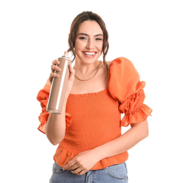 Hermosa Mujer Joven Con Spray Para Cabello Aislado Blanco —  Fotos de Stock
