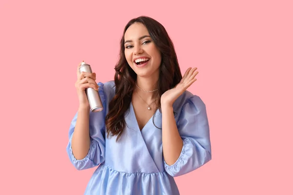 Beautiful Happy Woman Hair Spray Pink Background — Stock Photo, Image