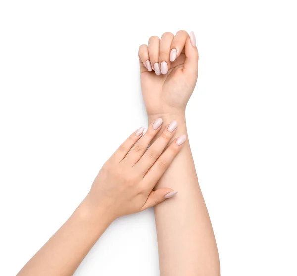 Female Hands Stylish Gentle Manicure White Background — Stock Photo, Image