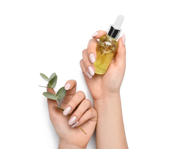 Woman Beautiful Manicure Holding Eucalyptus Branch Bottle Essential Oil White — Stock Photo, Image