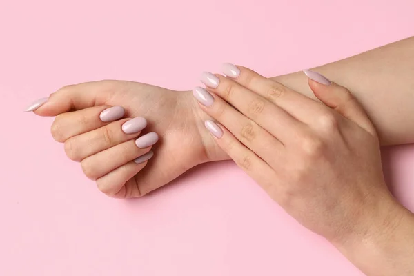 Female Hands Beautiful Manicure Pink Background — Stock Photo, Image