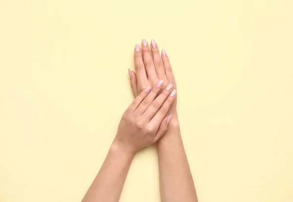 Female Hands Beautiful Manicure Yellow Background — Stock Photo, Image