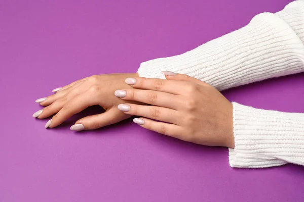 Female Hands Beautiful Manicure Purple Background — Stock Photo, Image
