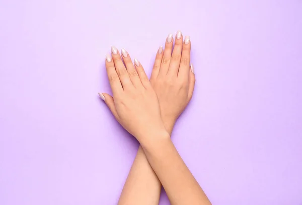 Crossed Female Hands Beautiful Manicure Color Background Closeup — Stock Photo, Image