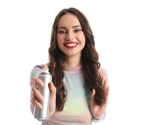 Pretty Young Woman Hair Spray Isolated White — Stock Photo, Image