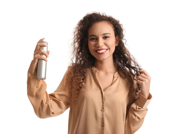 Mulher Afro Americana Muito Jovem Com Spray Cabelo Fundo Branco — Fotografia de Stock