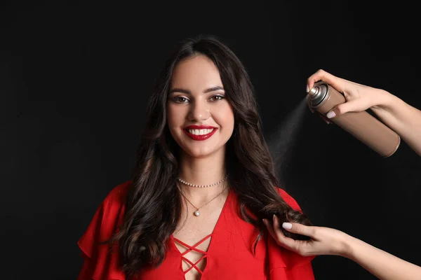 Beautiful Young Woman Hands Hair Spray Black Background — Stock Photo, Image