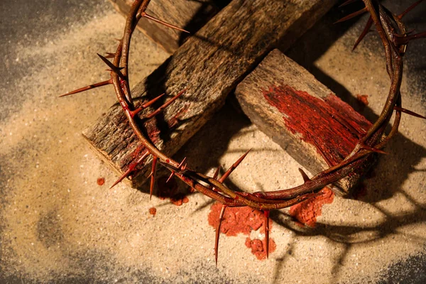 Crown Thorns Wooden Cross Blood Drops Sand — Stock Photo, Image