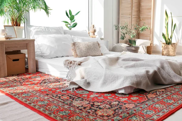 Interior Cozy Bedroom Houseplants Vintage Carpet — Stock Photo, Image