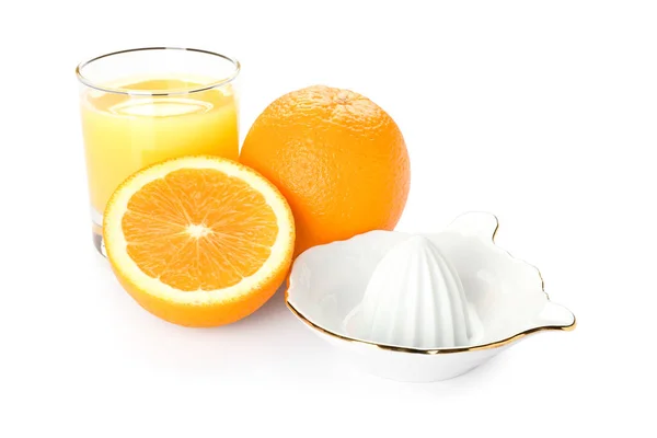 Ceramic Juicer Glass Juice Oranges White Background — Stock Photo, Image