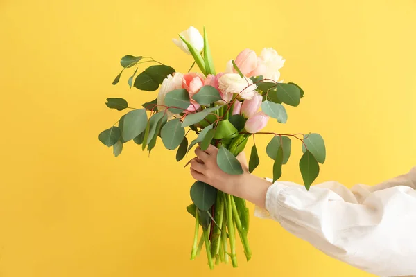 Female Hands Bouquet Color Background — Stock Photo, Image