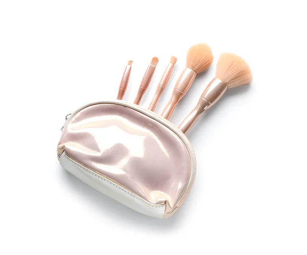 Bag Set Makeup Brushes Isolated White — Stock Photo, Image