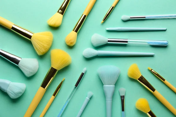 Set Makeup Brushes Blue Background Top View — Stock Photo, Image