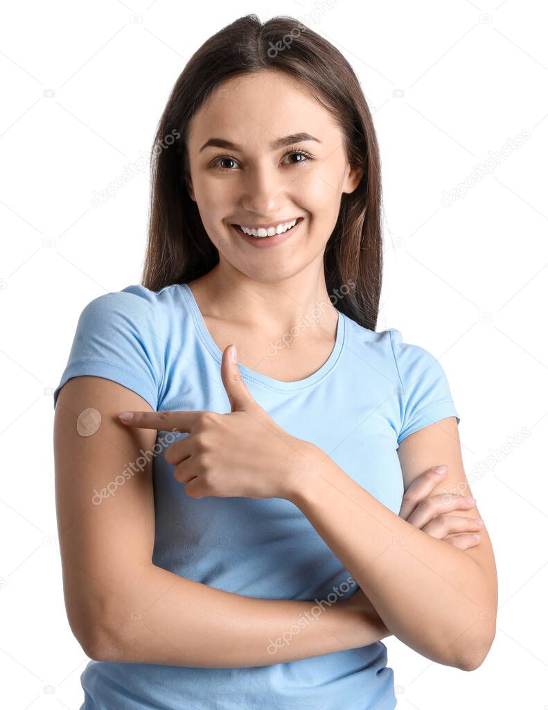 Happy woman with applied nicotine patch on white background. Smoking cessation