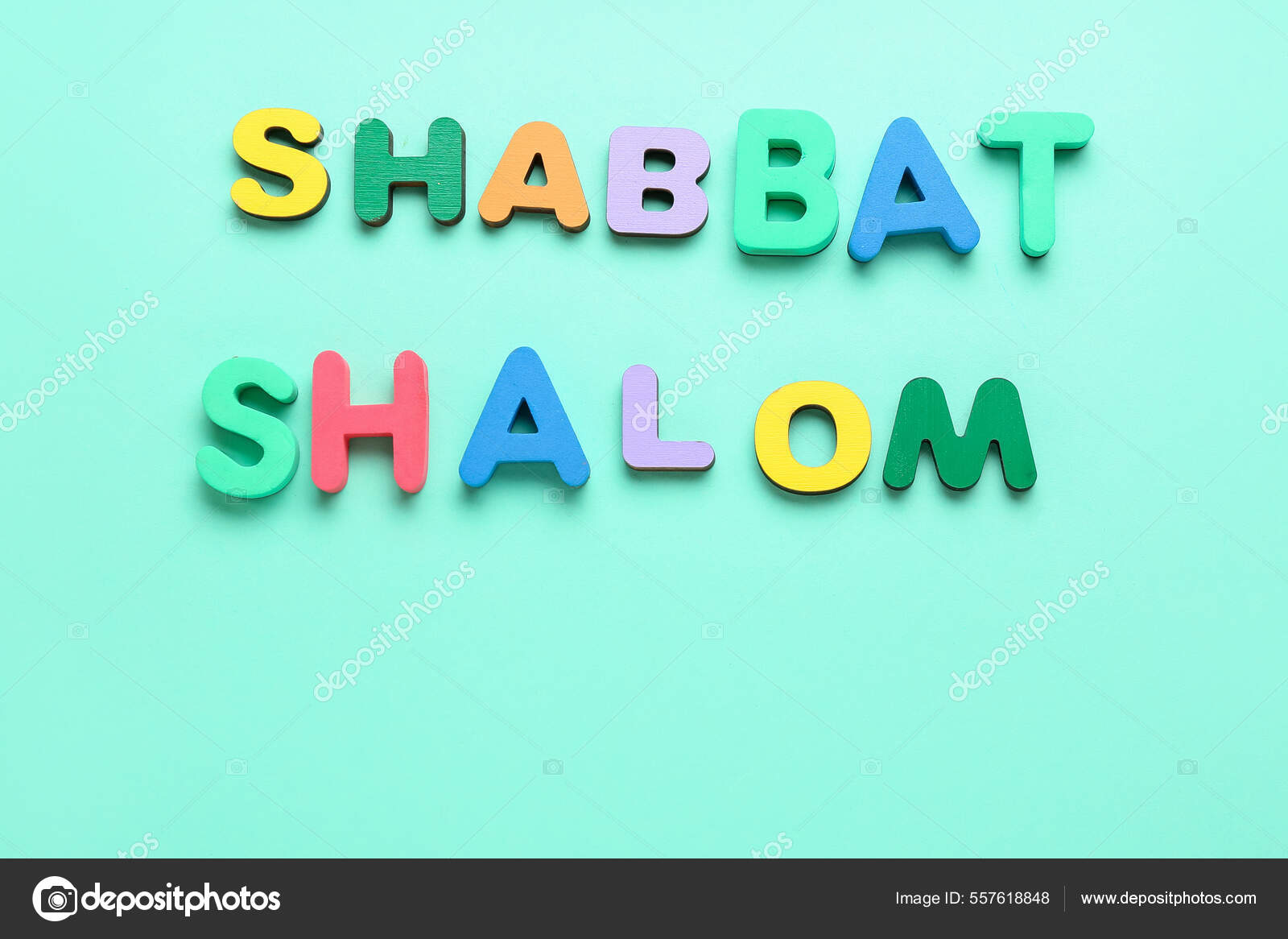 Flag of Israel and text SHABBAT SHALOM on wooden background Stock Photo