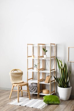 Raflar, sandalye ve saksı ile aydınlatma odasının içinde.