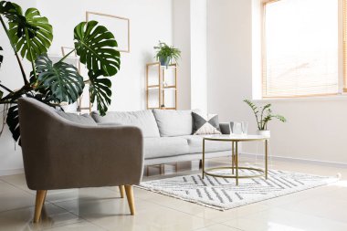 Modern oturma odasındaki kanepenin yanındaki boş bardaklar.