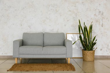 Modern oturma odasının içinde şık bir kanepe ve çiçek var.