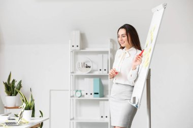 Ofisinde yapışkan not kağıtları olan genç bir yönetici.