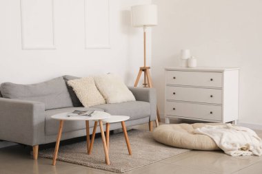 Gri kanepeli, masalı ve tuvaletli aydınlık oturma odasının içi.