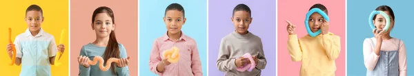 Set Van Kleine Kinderen Met Pop Tubes Kleurrijke Achtergrond — Stockfoto