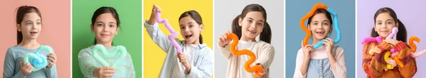 Set Van Kleine Meisje Met Pop Tubes Kleurrijke Achtergrond — Stockfoto