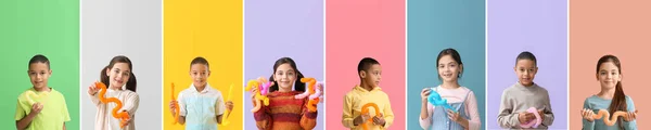 Set Van Kleine Kinderen Met Pop Tubes Kleurrijke Achtergrond — Stockfoto