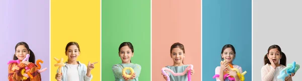 Set Van Kleine Meisje Met Pop Tubes Kleurrijke Achtergrond — Stockfoto