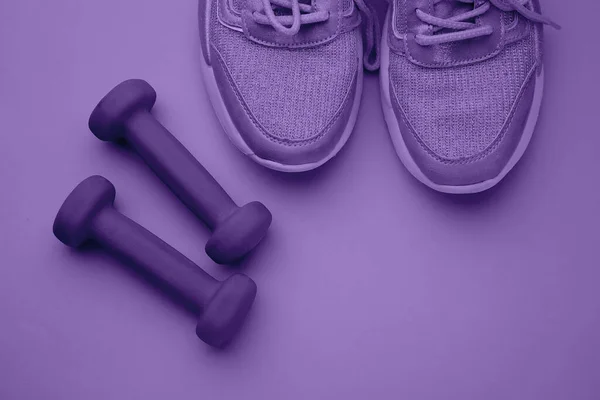 Dumbbells Shoes Violet Background Space Text Top View — Stock Photo, Image