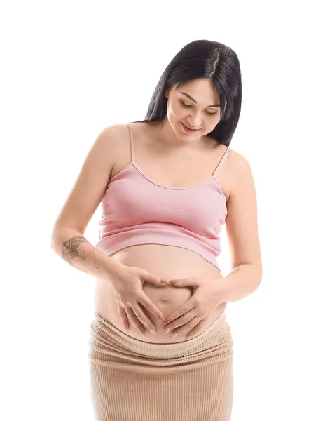 Pregnant Woman Making Heart Shape Her Hands Belly White Background — ストック写真