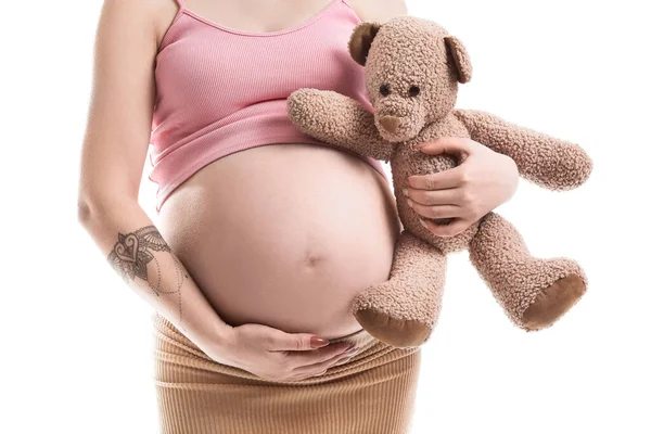 Incinta Giovane Donna Con Orsacchiotto Isolato Bianco — Foto Stock