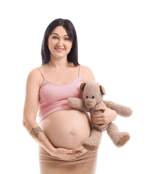 Femeie Tânără Însărcinată Ursuleț Pluș Izolat Alb — Fotografie, imagine de stoc