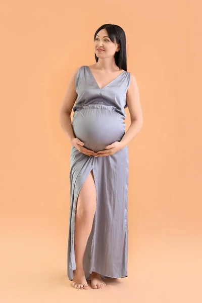 Pregnant Young Woman Beige Background — Stock Photo, Image