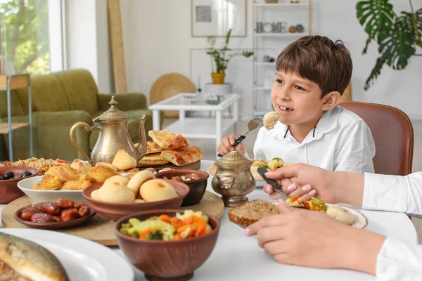 Muslim Little Boy Having Breakfast Celebration Eid Fitr — Stock Photo, Image