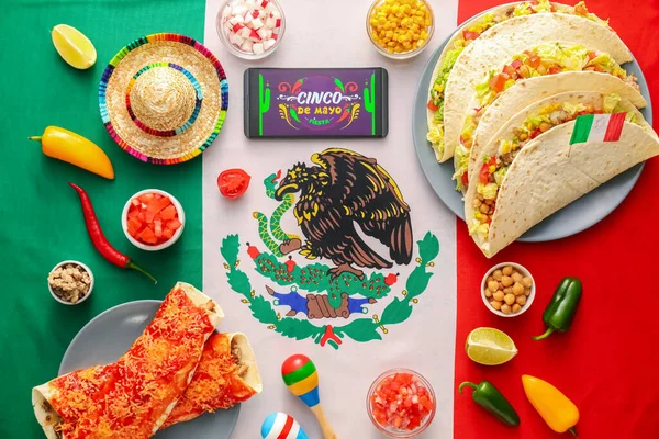 Comida Mexicana Tradicional Telefone Celular Bandeira Celebração Cinco Maio Quinta — Fotografia de Stock