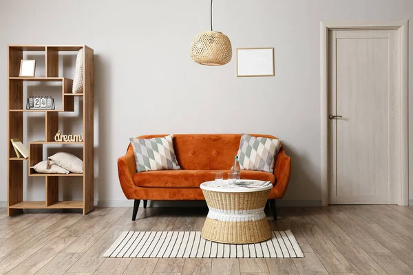 Interior Light Living Room Red Sofa Shelving Unit Rattan Table — Stock Photo, Image