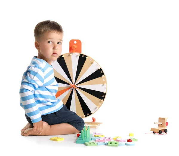 Funny Little Boy Playing Wooden Toys White Background — Stock Photo, Image