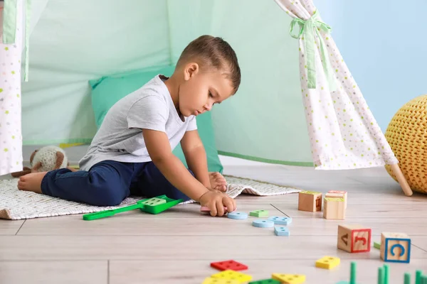 Cute Little Boy Playing Wooden Toys Tent Home — Stock Photo, Image