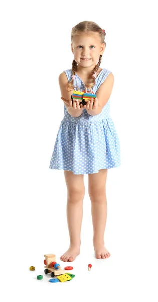 Cute Little Girl Building Blocks White Background — Stock Photo, Image