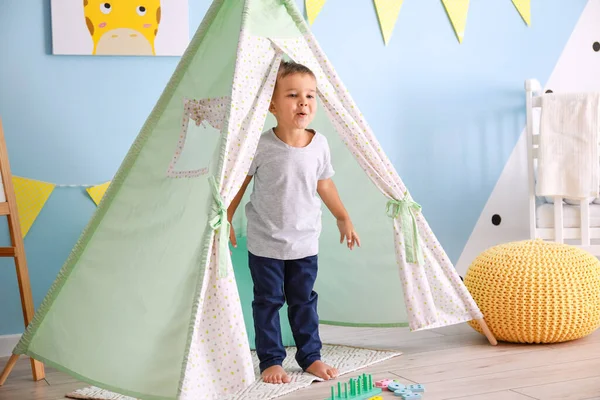 Cute Little Boy Play Tent Home — Stock Photo, Image