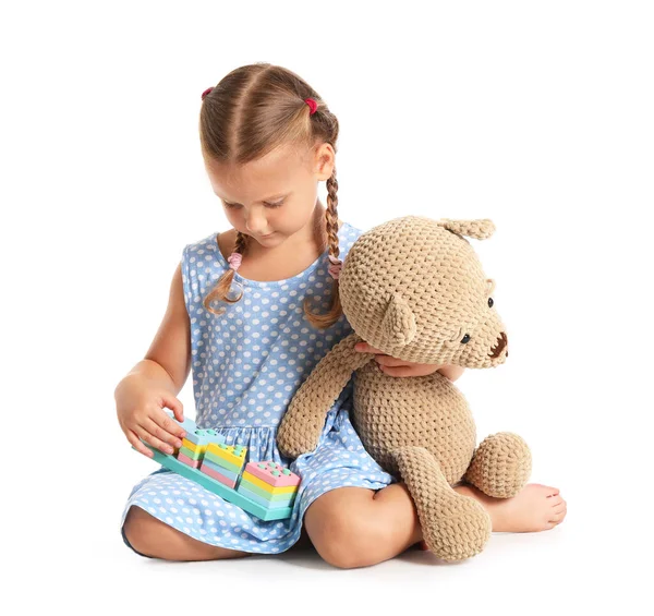 Cute Little Girl Building Blocks Teddy Bear White Background — Stock Photo, Image