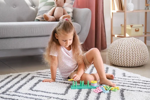 Cute Little Girl Playing Building Blocks Floor Home — Stock Photo, Image