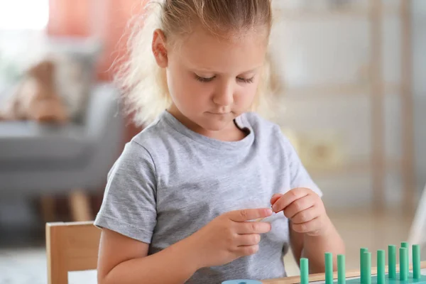 Cute Little Girl Playing Building Blocks Table Closeup — Stock Photo, Image