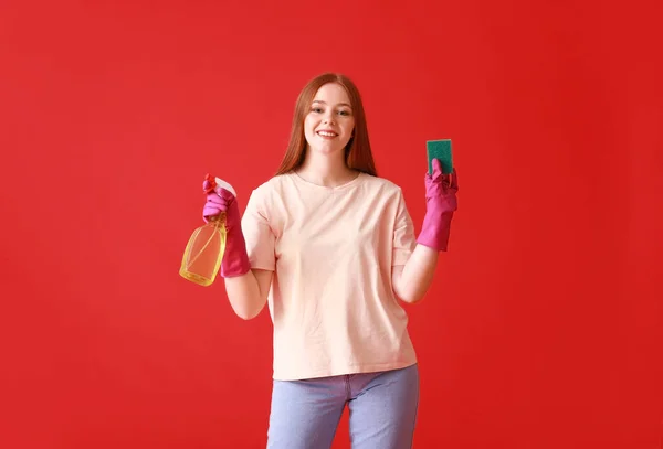 Young Woman Sponge Detergent Color Background — Zdjęcie stockowe